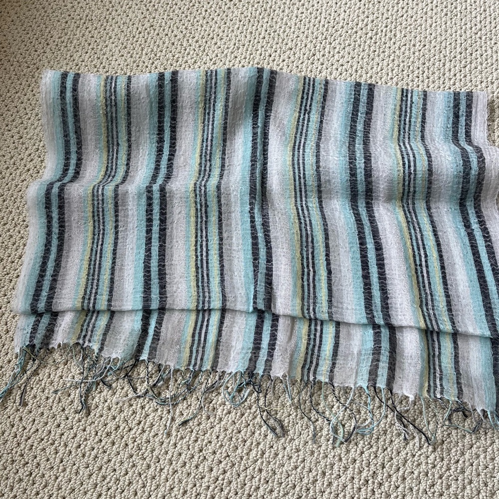 Eileen Fisher Metallic Linen Stripe Scarf Blue Green Tassels Oversized